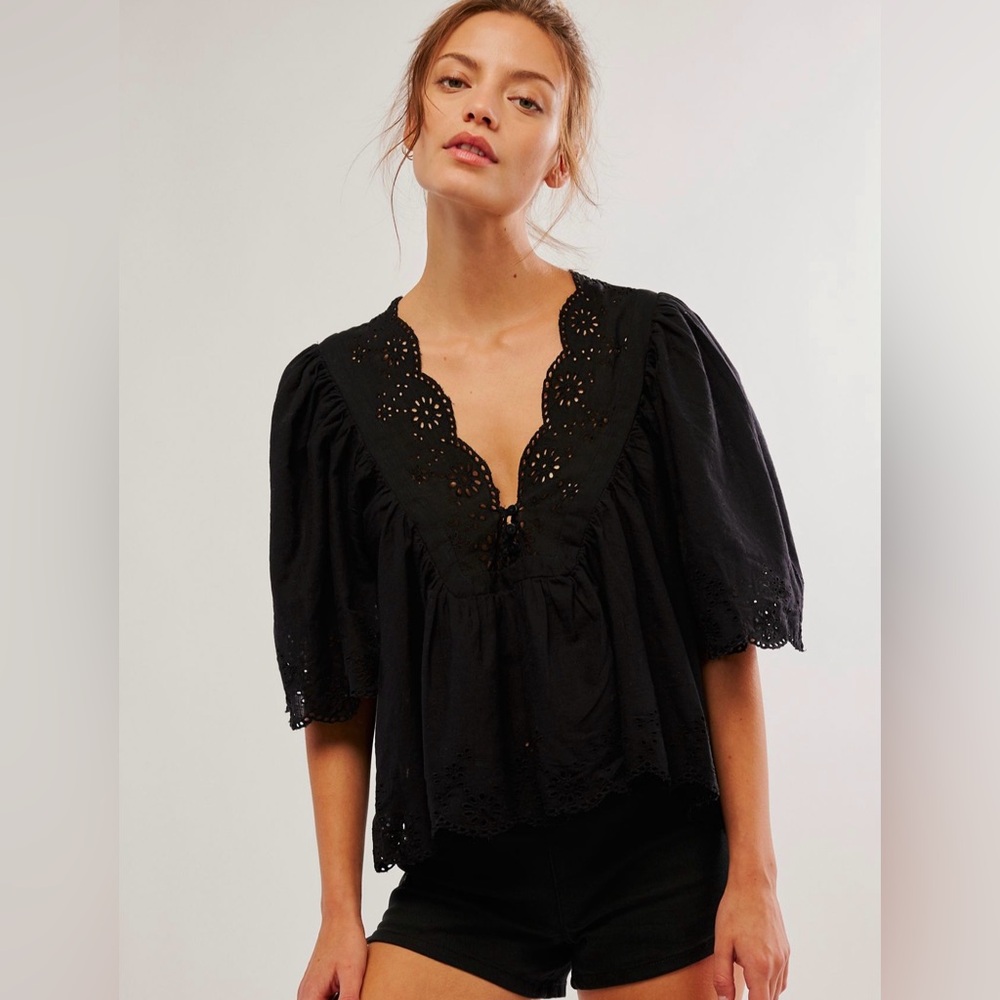 Free People costa Black Eyelet Top